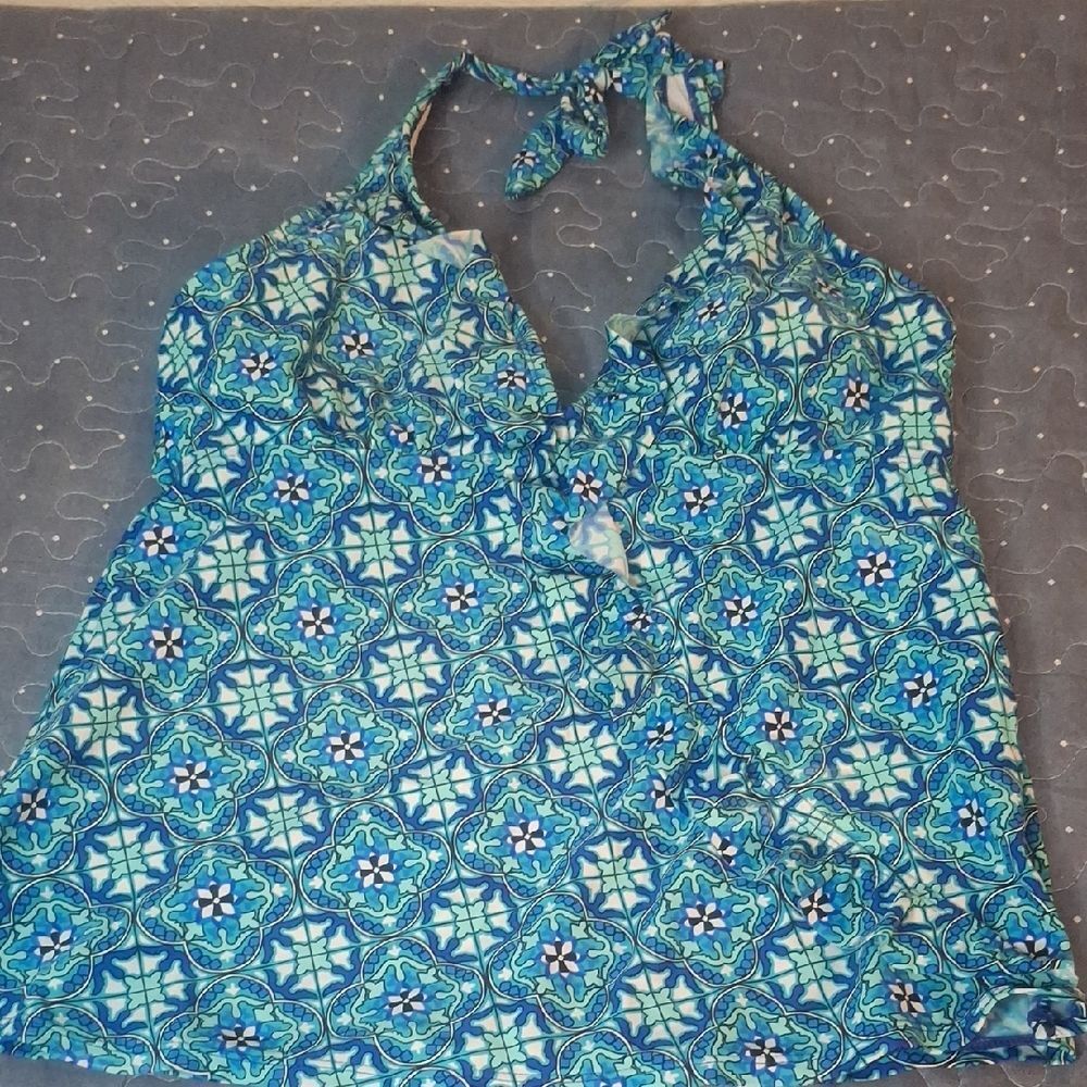 ASSETS by Sara Blakely Blue Patterned Halter Tankini Swim Top size large